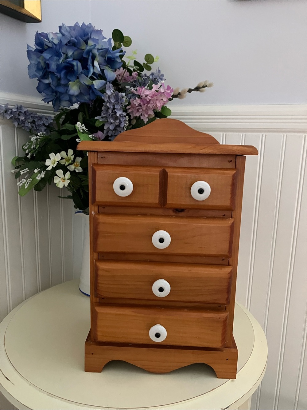Vintage Pine Wood Small Storage Tabletop Cabinet With Porcelain Pulls